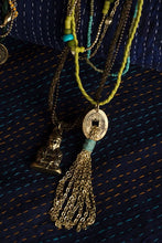 Load image into Gallery viewer, Ethnic, Multi-Strand Leather,Beaded Necklace in Browns, Turq. Blue, and Lime Green Colors W/Goldtone Tassel, Coin Drop and Buddha-OJ-BUD-GRN
