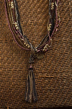 Load image into Gallery viewer, Ethnic, Multi Strand Burgandy Leather, Brass Buddha, Peace Charm and Chain Tassel Necklace in Burg./Brown and Metal Colorations-OJ-BUD-MET
