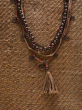 Load image into Gallery viewer, Ethnic, Multi-Strand, Beaded Necklace in Browns, Gold tones and Red Colorations W/ Brown Tassel, And Coin Drops-OJ-BLK-COIN
