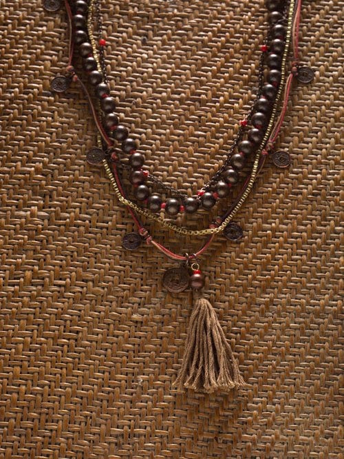 Ethnic, Multi-Strand, Beaded Necklace in Browns, Gold tones and Red Colorations W/ Brown Tassel, And Coin Drops-OJ-BLK-COIN