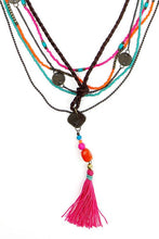 Load image into Gallery viewer, Ethnic, Multi Strand, Pink, Green and Orange Beaded, Coin Necklace, with Pink Tassel-OJ COIN PINK
