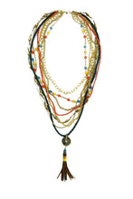 Load image into Gallery viewer, Ethnic, Multi Strand, Orange, Green, Yellow and  Gold Tone, Coin Necklace, with Brown Leather Tassel-OJ COIN- LEA
