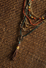 Load image into Gallery viewer, Ethnic, Multi Strand, Orange, Green, Yellow and  Gold Tone, Coin Necklace, with Brown Leather Tassel-OJ COIN- LEA
