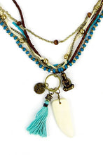 Load image into Gallery viewer, Ethnic, Multi Strand Leather, Buddha and Coin, Turquoise Blue Tassel, and Bone Dangle, Beaded Necklace-OJ-BLU-30
