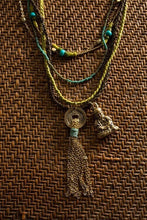 Load image into Gallery viewer, Ethnic, Multi-Strand Leather,Beaded Necklace in Browns, Turq. Blue, and Lime Green Colors W/Goldtone Tassel, Coin Drop and Buddha-OJ-BUD-GRN
