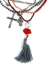 Load image into Gallery viewer, Ethnic, Multi-Strand Red Leather, Tassel Necklace in Silver and Red Colorations W Elephant, Cross and Hamza Charm-OJ-Grey-30
