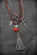 Load image into Gallery viewer, Ethnic, Multi-Strand Red Leather, Tassel Necklace in Silver and Red Colorations W Elephant, Cross and Hamza Charm-OJ-Grey-30
