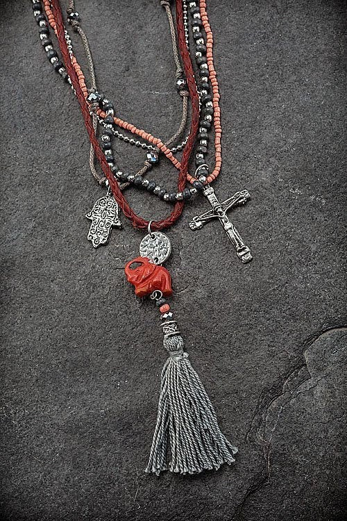 Ethnic, Multi-Strand Red Leather, Tassel Necklace in Silver and Red Colorations W Elephant, Cross and Hamza Charm-OJ-Grey-30