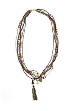 Load image into Gallery viewer, Ethnic, Multi Strand Burgandy Leather, Brass Buddha, Peace Charm and Chain Tassel Necklace in Burg./Brown and Metal Colorations-OJ-BUD-MET
