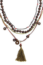 Load image into Gallery viewer, Ethnic, Multi-Strand, Beaded Necklace in Browns, Gold tones and Red Colorations W/ Brown Tassel, And Coin Drops-OJ-BLK-COIN
