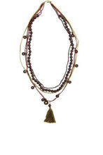 Load image into Gallery viewer, Ethnic, Multi-Strand, Beaded Necklace in Browns, Gold tones and Red Colorations W/ Brown Tassel, And Coin Drops-OJ-BLK-COIN
