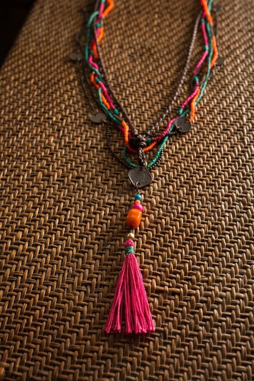 Ethnic, Multi Strand, Pink, Green and Orange Beaded, Coin Necklace, with Pink Tassel-OJ COIN PINK