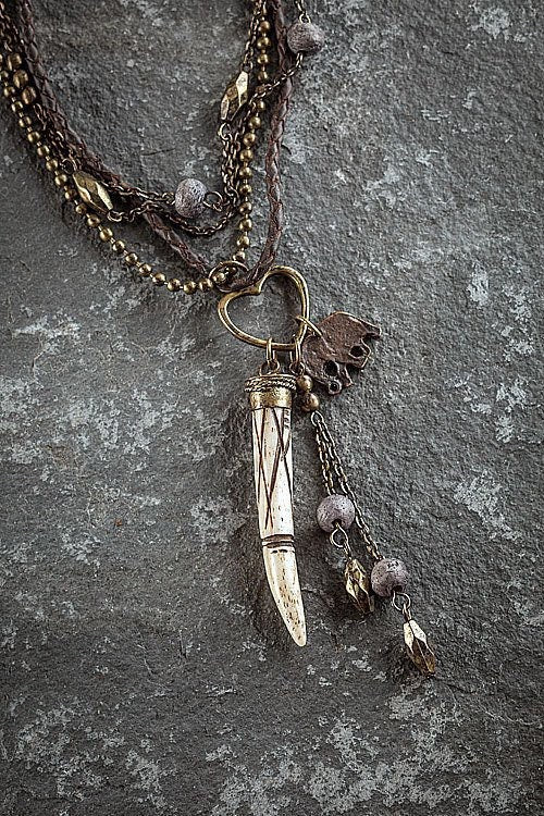 Ethnic, Multi Strand Brown Braided Leather and Chain Necklace with Bone, Copper Elephant and Heart Pendants-OJ-BNE-28