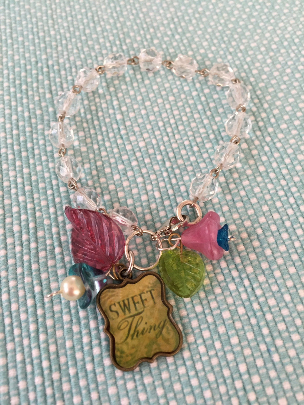 Vintage Style, Clear Glass Crystal Beaded Bracelet with Sweet Thing and Floral Charms.