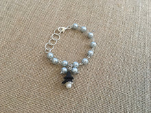 Load image into Gallery viewer, For the Bride, Vintage Style, Silvery Gray, Glass Pearl Beaded Bracelet With Black Lucite Flowers and Cream Pearl Dangle
