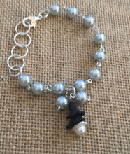 Load image into Gallery viewer, For the Bride, Vintage Style, Silvery Gray, Glass Pearl Beaded Bracelet With Black Lucite Flowers and Cream Pearl Dangle
