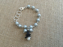 Load image into Gallery viewer, For the Bride, Vintage Style, Silvery Gray, Glass Pearl Beaded Bracelet With Black Lucite Flowers and Cream Pearl Dangle
