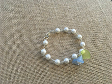 Load image into Gallery viewer, For the Bride, Vintage Style, Creamy White Glass Pearl Beaded Bracelet With Baby Blue Lucite Flower, Green Leaf and Cream Pearl Dangle
