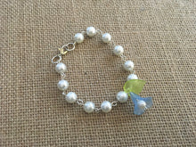 Load image into Gallery viewer, For the Bride, Vintage Style, Creamy White Glass Pearl Beaded Bracelet With Baby Blue Lucite Flower, Green Leaf and Cream Pearl Dangle
