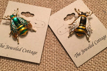 Load image into Gallery viewer, Medium Size Bumble Bee Brooch in 2 Color Ways, Green/Gold or Black/Gold
