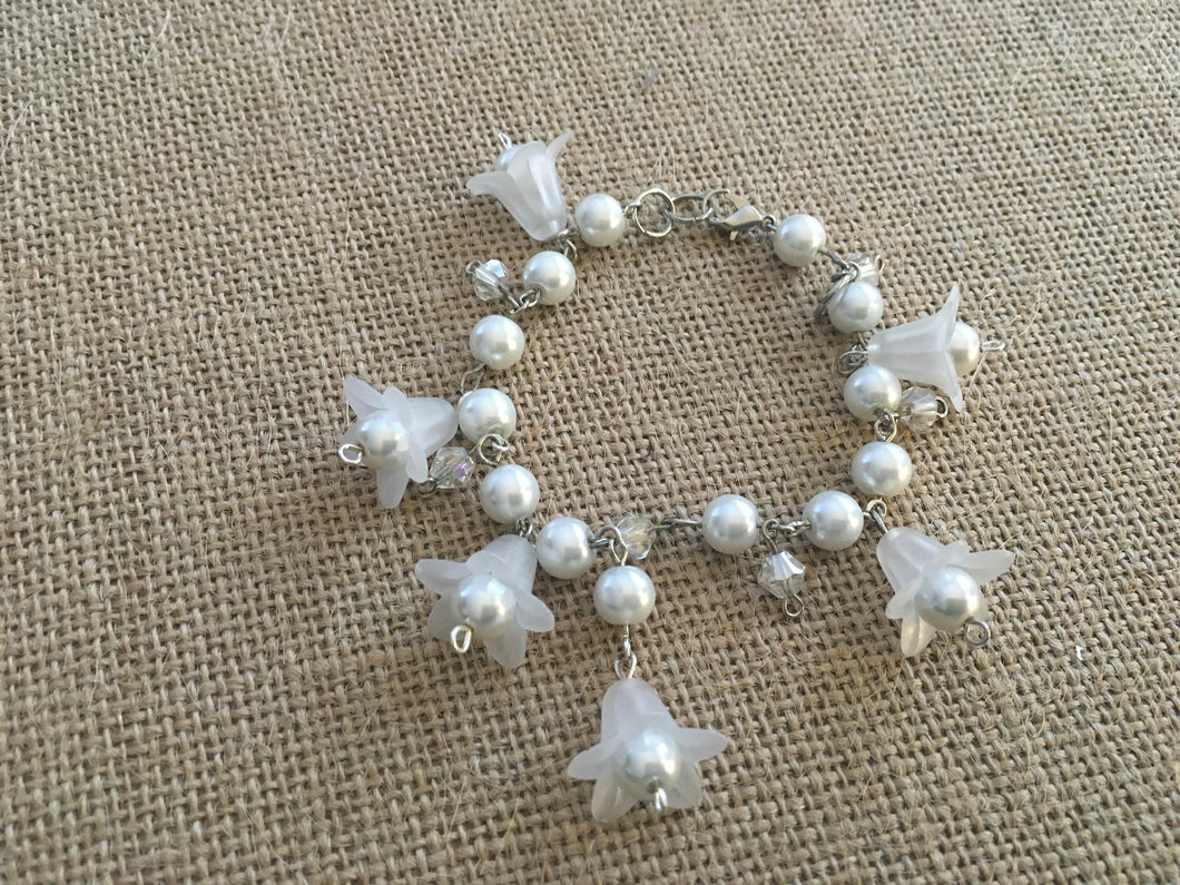 For the Bride, Vintage Style, Handcrafted Bracelet with Silvery, Cream Glass Pearls, Swarovski Crystal, Clear Lucite and Pearl Charms