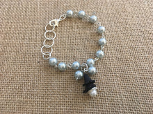 Load image into Gallery viewer, For the Bride, Vintage Style, Silvery Gray, Glass Pearl Beaded Bracelet With Black Lucite Flowers and Cream Pearl Dangle
