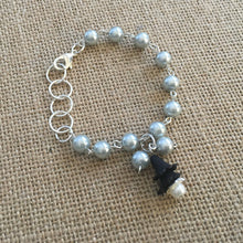 Load image into Gallery viewer, For the Bride, Vintage Style, Silvery Gray, Glass Pearl Beaded Bracelet With Black Lucite Flowers and Cream Pearl Dangle
