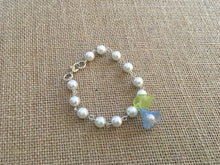 Load image into Gallery viewer, For the Bride, Vintage Style, Creamy White Glass Pearl Beaded Bracelet With Baby Blue Lucite Flower, Green Leaf and Cream Pearl Dangle
