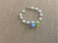 Load image into Gallery viewer, For the Bride, Vintage Style, Creamy White Glass Pearl Beaded Bracelet With Baby Blue Lucite Flower, Green Leaf and Cream Pearl Dangle
