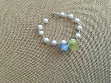 Load image into Gallery viewer, For the Bride, Vintage Style, Creamy White Glass Pearl Beaded Bracelet With Baby Blue Lucite Flower, Green Leaf and Cream Pearl Dangle
