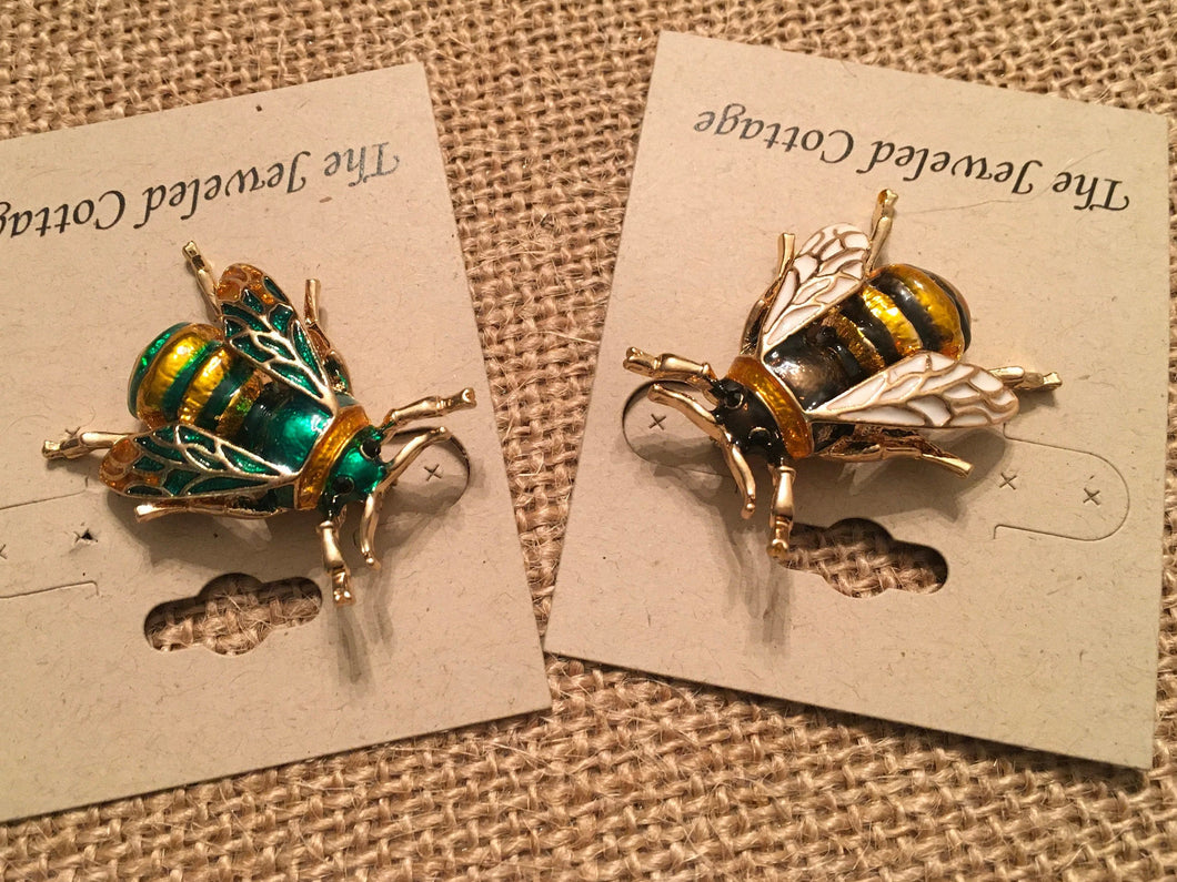 Medium Size Bumble Bee Brooch in 2 Color Ways, Green/Gold or Black/Gold