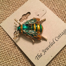 Load image into Gallery viewer, Medium Size Bumble Bee Brooch in 2 Color Ways, Green/Gold or Black/Gold
