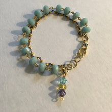 Load image into Gallery viewer, Delicate and feminine, double layered, robin’s egg blue beaded chain &amp; 18K gold beaded chain, w/ aqua colored Swarovski crystal drop
