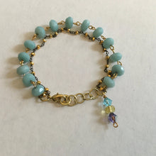 Load image into Gallery viewer, Delicate and feminine, double layered, robin’s egg blue beaded chain &amp; 18K gold beaded chain, w/ aqua colored Swarovski crystal drop
