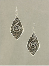 Load image into Gallery viewer, SALE! Hand Crafted, Pewter Tone, Geometric Shaped, Dangle Earrings with Squiggle and  Hammered Metal Design
