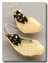 Load image into Gallery viewer, SALE! Hand Crafted, Gold Tone, Pod Shaped, Dangle Earrings with Black Bead Dangles
