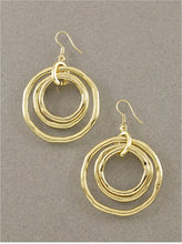 Load image into Gallery viewer, SALE! Hand Crafted, Round, Triple Dangle Earrings In Gold, Pewter or Silver Tone Colorations
