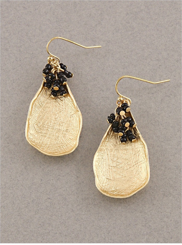 SALE! Hand Crafted, Gold Tone, Pod Shaped, Dangle Earrings with Black Bead Dangles