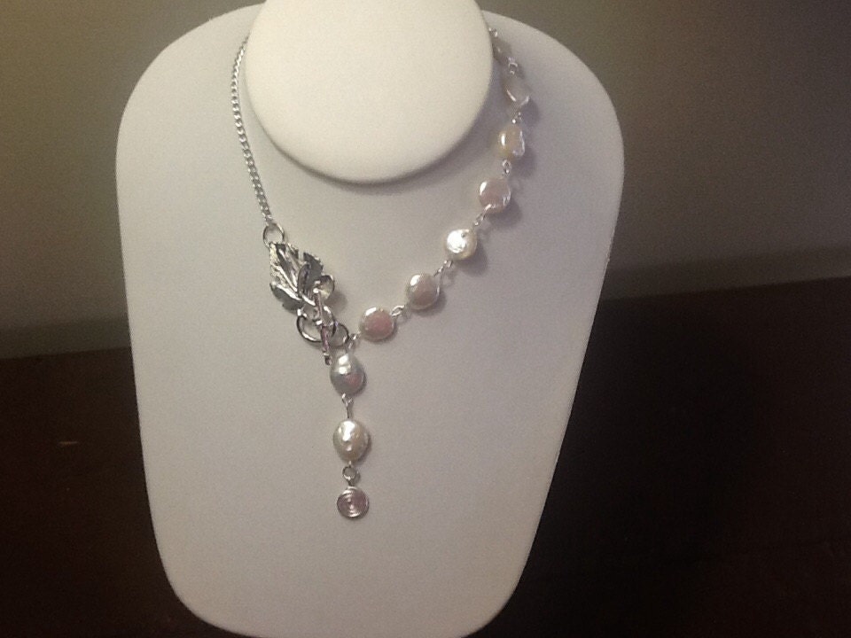 For the Bride, Vintage Style, Handcrafted, Bridal Y Necklace with Freshwater Pearls and Silver Tone Leaf Toggle Clasp