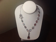 Load image into Gallery viewer, SALE! Handcrafted, Y Necklace with red, blue and multi-color milifiori beads with dangle and silver tone, floral toggle
