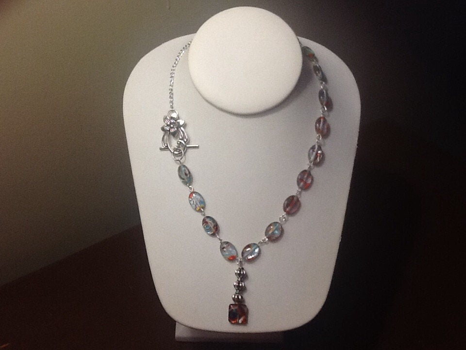 SALE! Handcrafted, Y Necklace with red, blue and multi-color milifiori beads with dangle and silver tone, floral toggle