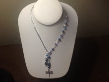 Load image into Gallery viewer, For the Bride, Vintage Style, Handcrafted, Bridal Y Necklace with Blue Crystals, Blue Freshwater Pearls, and Silver Tone, Dragonfly Dangle
