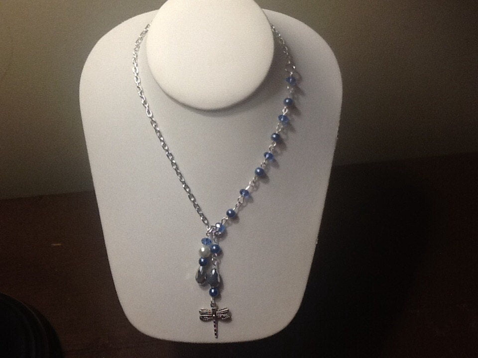 For the Bride, Vintage Style, Handcrafted, Bridal Y Necklace with Blue Crystals, Blue Freshwater Pearls, and Silver Tone, Dragonfly Dangle