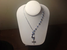 Load image into Gallery viewer, For the Bride, Vintage Style, Handcrafted, Bridal Y Necklace with Blue Crystals, Blue Freshwater Pearls, and Silver Tone, Dragonfly Dangle
