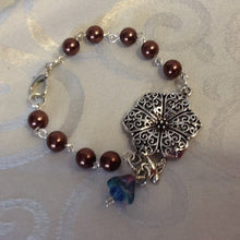 Load image into Gallery viewer, For the Bride, Vintage Style, Handcrafted Bracelet with Chocolate Glass Pearls, Silver Floral Centerpiece and Czech Glass Flower/Bird Dangle
