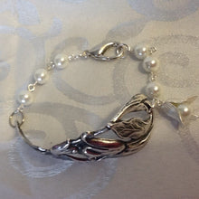 Load image into Gallery viewer, For the Bride, Vintage Style, Handcrafted Bracelet with Cream, Glass Pearls, Large Silver Floral Cuff, and Pearl Petal Charm
