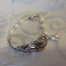 Load image into Gallery viewer, For the Bride, Vintage Style, Handcrafted Bracelet with Cream, Glass Pearls, Large Silver Floral Cuff, and Pearl Petal Charm
