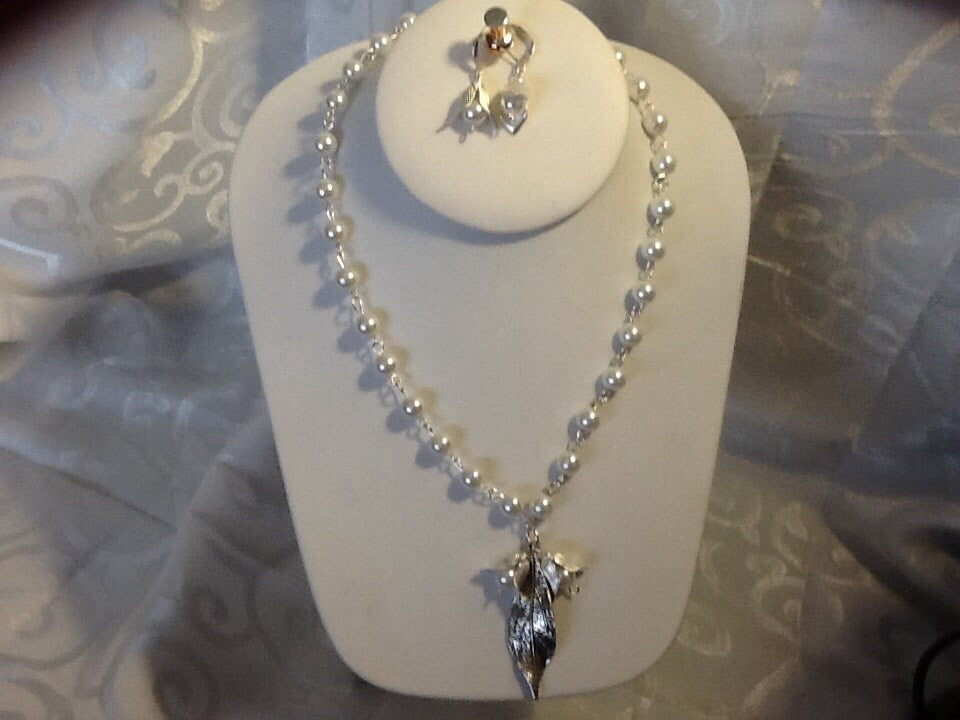 For the Bride, Vintage Style, Handcrafted Bridal Necklace and Earring Set with Glass Pearls, Silver Leaf, and Pearl Petals