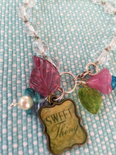 Load image into Gallery viewer, Vintage Style, Clear Glass Crystal Beaded Bracelet with Sweet Thing and Floral Charms.
