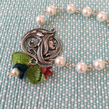 Load image into Gallery viewer, For the Bride, Vintage Style, Handcrafted, White Glass Pearl, Bridal Bracelet with Art Deco Centerpiece and Floral Charms
